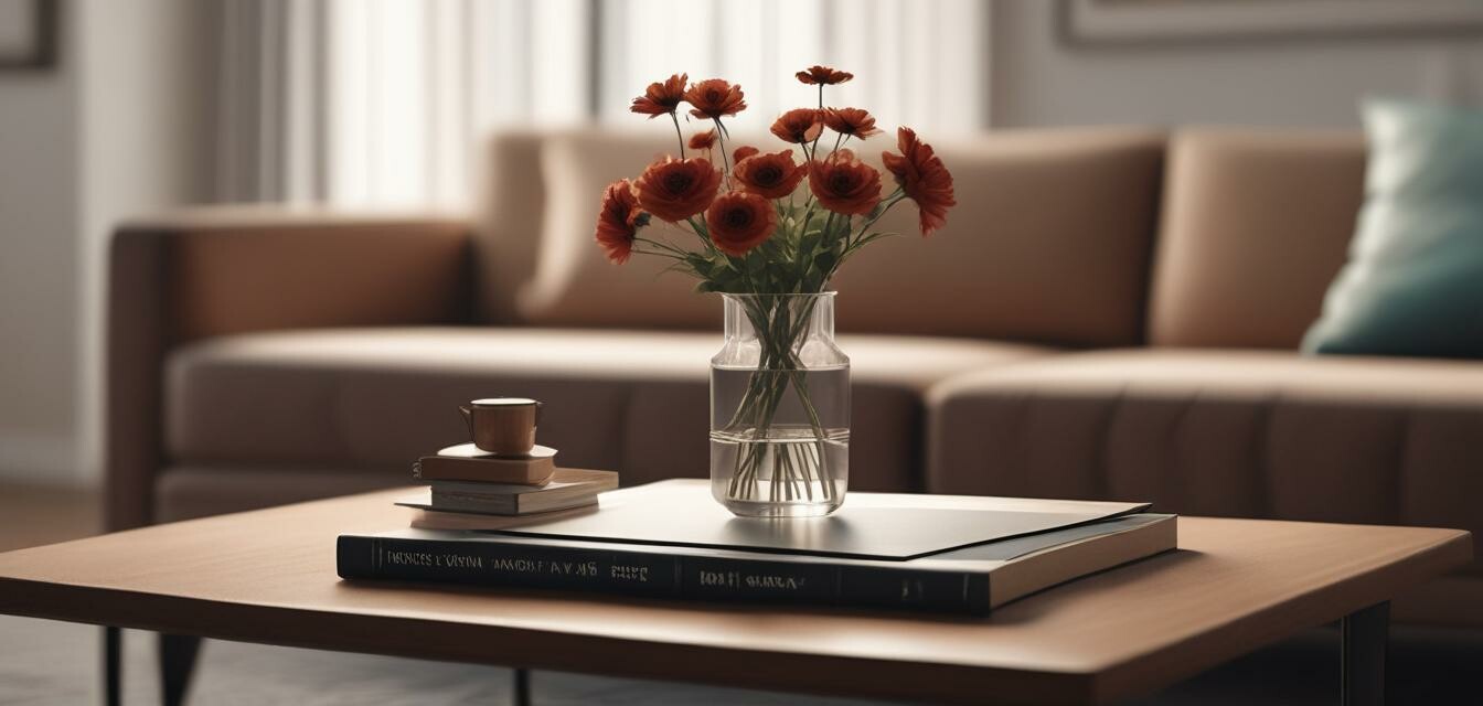 Minimalist coffee table with a small vase and a few books